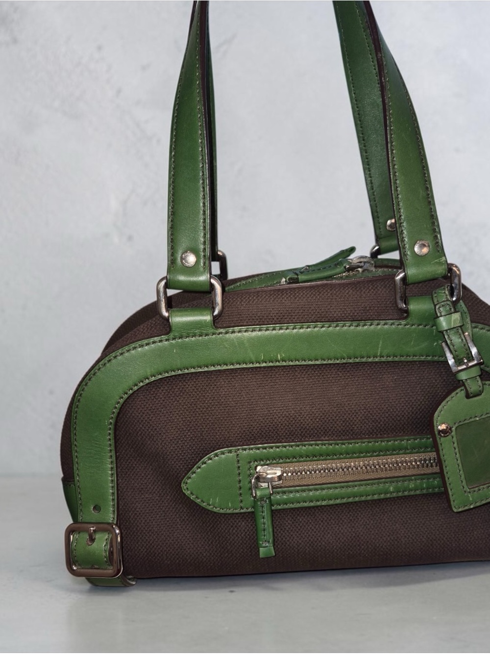 Vintage Prada Brown Canvas & Green Leather Bowling Bag Made in Italy